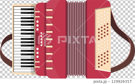 A red accordion with a keyboard and buttons is displayed against a black background. 129926357