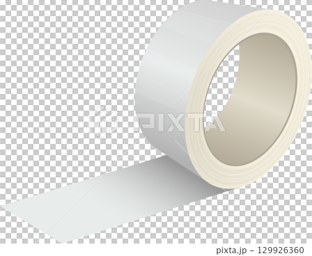 Roll of tape unrolling, for fixing objects in place or wrapping items. Close up studio shot. 129926360