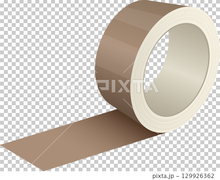 A roll of tan-colored adhesive tape, partially unrolled and ready for use in packaging tasks. 129926362