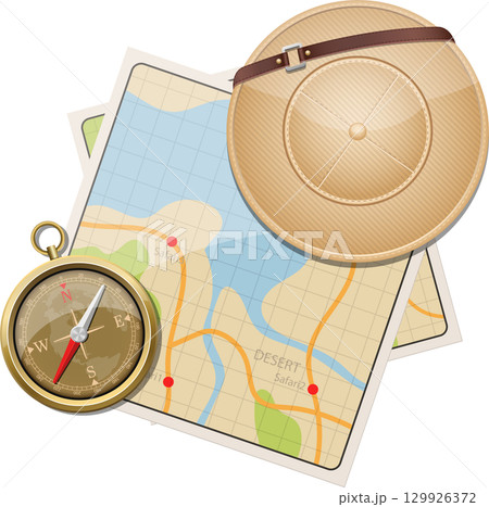 Expedition Gear: Map, Compass, and Pith Helmet ready for adventure in the great outdoors. 129926372