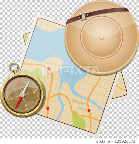 Expedition Gear: Map, Compass, and Pith Helmet ready for adventure in the great outdoors. 129926372