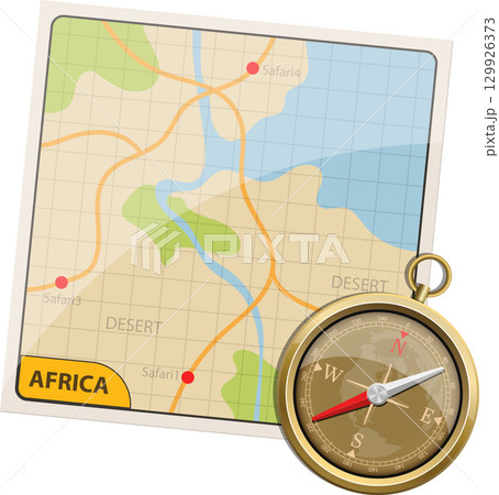 Africa desert map with safari locations and a golden compass for travel planning in nature. 129926373