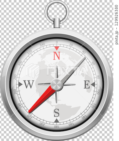 Silver compass with a detailed map of the world in its center with red needle points. 129926380