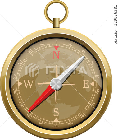 Classical golden compass navigation tool with world map design isolated on black background. 129926381