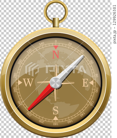 Classical golden compass navigation tool with world map design isolated on black background. 129926381
