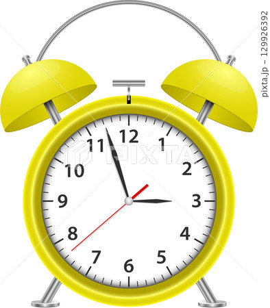 A cheerful yellow alarm clock ticks away the moments, marking the passage of time with its design. 129926392