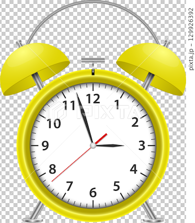 A cheerful yellow alarm clock ticks away the moments, marking the passage of time with its design. 129926392