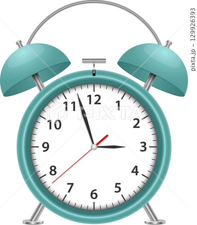 A teal colored vintage alarm clock with white background, standing on a black backdrop. 129926393