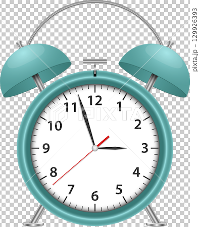 A teal colored vintage alarm clock with white background, standing on a black backdrop. 129926393