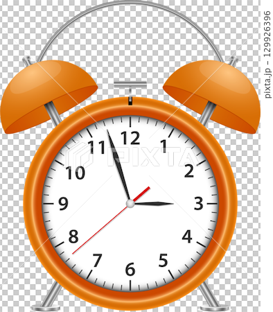 Vintage orange alarm clock with bells displays the time as almost eleven fifty-five o'clock 129926396