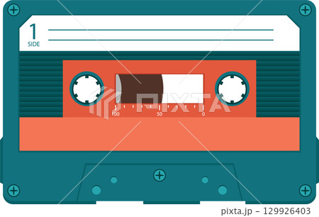 Retro audio cassette tape with teal casing and orange central panel for music or data storage. 129926403