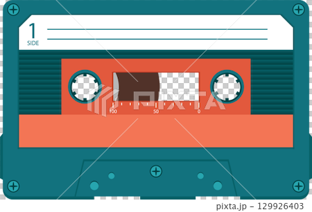 Retro audio cassette tape with teal casing and orange central panel for music or data storage. Retro audio cassette tape with teal casing and orange central panel for music or data storage. 129926403