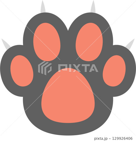 A grey animal paw print with sharp claws and coral pads, cartoon style on a black backdrop. A grey animal paw print with sharp claws and coral pads, cartoon style on a black backdrop. 129926406