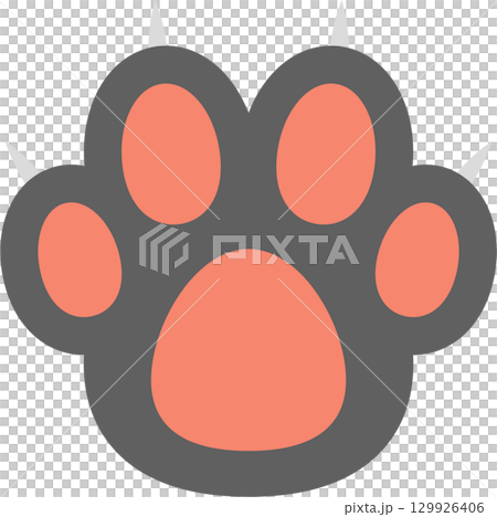 A grey animal paw print with sharp claws and coral pads, cartoon style on a black backdrop. A grey animal paw print with sharp claws and coral pads, cartoon style on a black backdrop. 129926406
