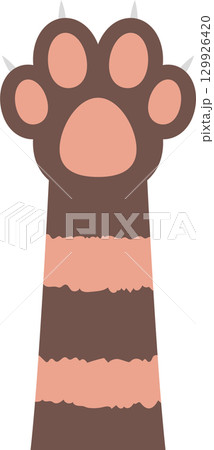 Striped animal paw, featuring extended claws and soft pads, against a black, nondescript background. 129926420