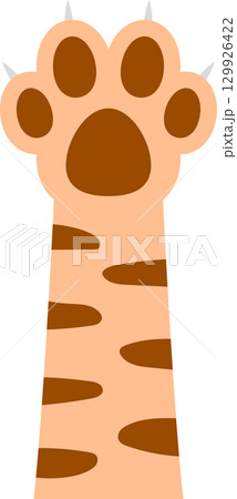 Cartoon drawing of an animal paw with stripes and claws, isolated on a black background. 129926422