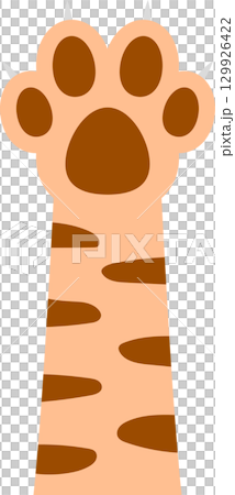 Cartoon drawing of an animal paw with stripes and claws, isolated on a black background. 129926422