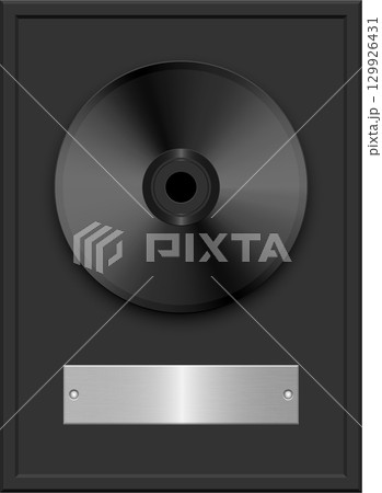 A framed black record on a dark background, with a metallic silver nameplate on the frame. A framed black record on a dark background, with a metallic silver nameplate on the frame. 129926431