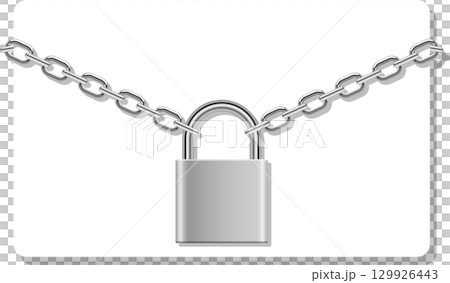 Metal padlock is secured by a strong chain, implying safety, security, and data protection. 129926443