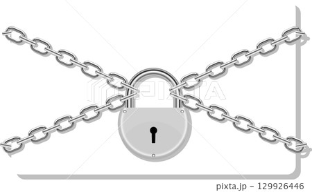 A silver padlock is secured by silver chains against a white background, security concept. 129926446
