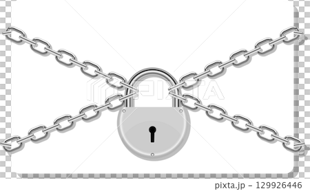 A silver padlock is secured by silver chains against a white background, security concept. 129926446