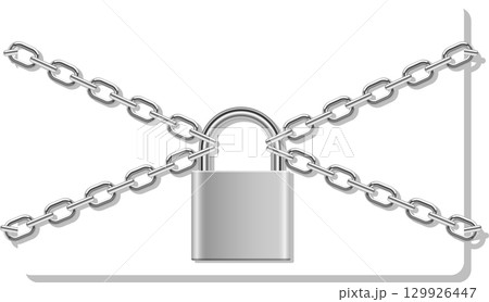 A silver padlock is secured by two crossing silver chains, symbolizing protection and safety. 129926447