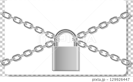 A silver padlock is secured by two crossing silver chains, symbolizing protection and safety. 129926447