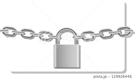 A silver padlock secures a thick silver chain against a bright white backdrop. Security lock. 129926448