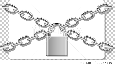 A shiny metal padlock is secured with a cross of chains on a white backdrop, conveying security. A shiny metal padlock is secured with a cross of chains on a white backdrop, conveying security. 129926449