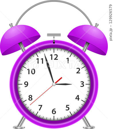 A vibrant purple alarm clock sits against a black background. Its time reads almost eleven o'clock. 129926579