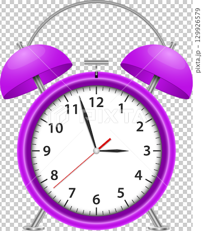 A vibrant purple alarm clock sits against a black background. Its time reads almost eleven o'clock. 129926579
