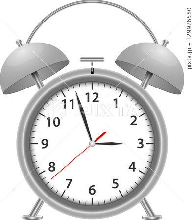 Classic silver twin-bell alarm clock with a white face showing almost 11:15 on a black backdrop. Classic silver twin-bell alarm clock with a white face showing almost 11:15 on a black backdrop. 129926580