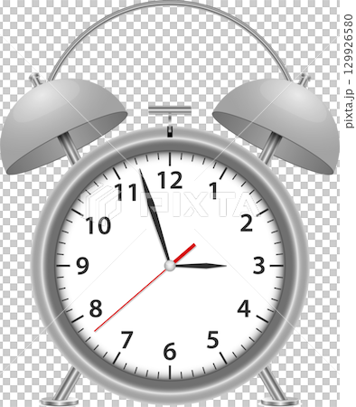 Classic silver twin-bell alarm clock with a white face showing almost 11:15 on a black backdrop. Classic silver twin-bell alarm clock with a white face showing almost 11:15 on a black backdrop. 129926580