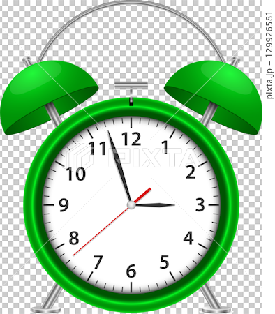 Green alarm clock showing approximately 2:55. A classic design with bells on top. Green alarm clock showing approximately 2:55. A classic design with bells on top. 129926581
