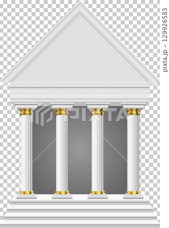 A stately facade of white pillars and steps with gold accents evokes a classical architectural style 129926583
