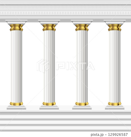 Elegant architectural detail featuring four white columns with golden accents against black backdrop. 129926587
