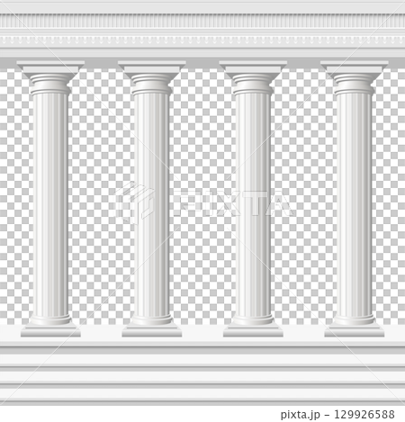 Row of classical white columns, architectural design, with black background on the distance. 129926588