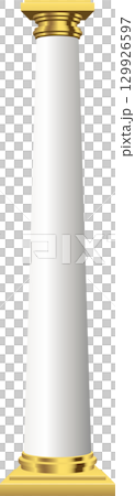 A sturdy, smooth, white column with gold accents stands prominently against a black background. A sturdy, smooth, white column with gold accents stands prominently against a black background. 129926597