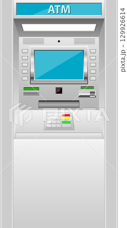 Illustration of an Automated Teller Machine, commonly used for banking and cash withdrawals. 129926614