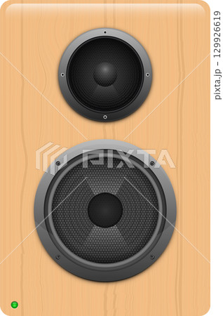 Vector image of a wooden stereo speaker with two circular drivers and a green indicator light. 129926619