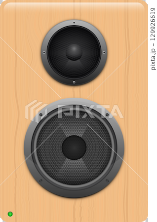 Vector image of a wooden stereo speaker with two circular drivers and a green indicator light. 129926619