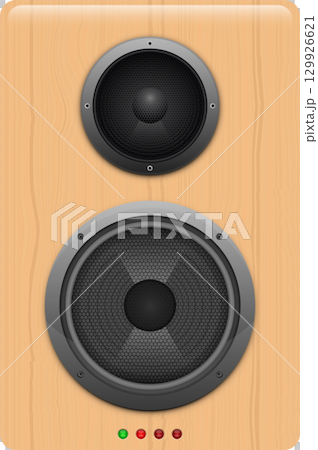 Speaker with wood grain finish, two speakers, metal trim, and four indicator lights at bottom. 129926621
