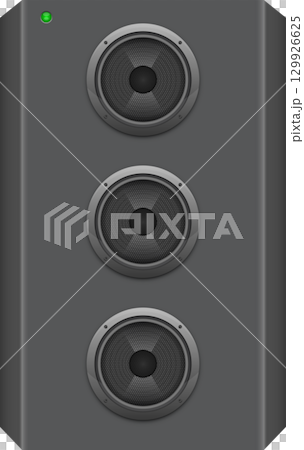 Audio amplifier with three round speakers arrayed vertically, power indicator light in the corner Audio amplifier with three round speakers arrayed vertically, power indicator light in the corner 129926625