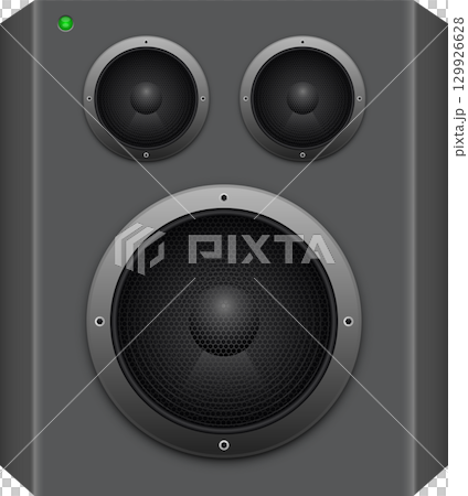 A gray loudspeaker with a green light in the upper left corner and three speaker ports. 129926628