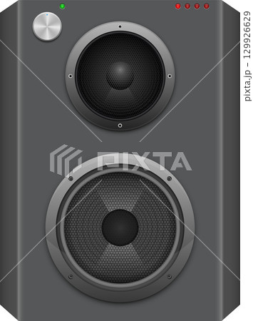 Illustration of a gray stereo speaker with two drivers, a volume knob and indicator lights. 129926629