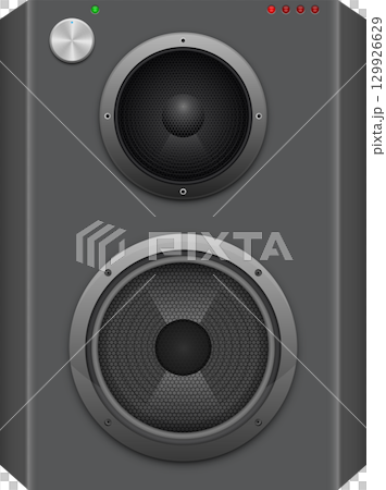 Illustration of a gray stereo speaker with two drivers, a volume knob and indicator lights. 129926629