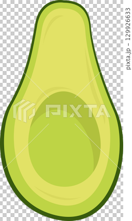 A graphic cartoon drawing of half an avocado with no seed, rendered against a black background. 129926633