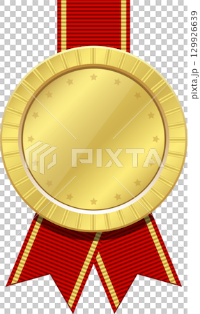 A gold medal with red and gold ribbon for recognition, achievement, and celebration. 129926639