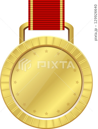 A gleaming gold medal with a radiant red ribbon, a symbol of achievement and excellence. 129926640