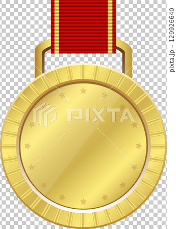 A gleaming gold medal with a radiant red ribbon, a symbol of achievement and excellence. 129926640